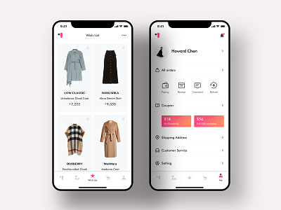 Woman Fashion App bar cloth app coupon farfetch app fashion app icon bar my center interface order wish list interface woman app
