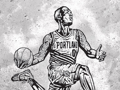 German Amaya, Damian Lillard's The Shot, 2020, pigma micron black archival  ink on Strathmore drawing paper, 18″ x 24″