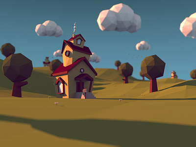 A little house clouds house low poly trees