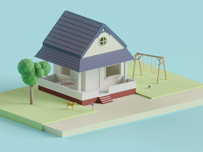 A peaceful place 3d blender house isometric low poly trees