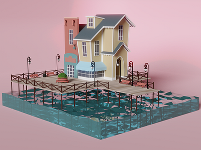 Cute place 3d blender house low poly water