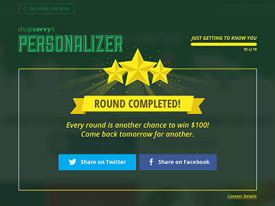 Personalizer: Round Complete Web UI completed contest design interface modal share stars ui web win