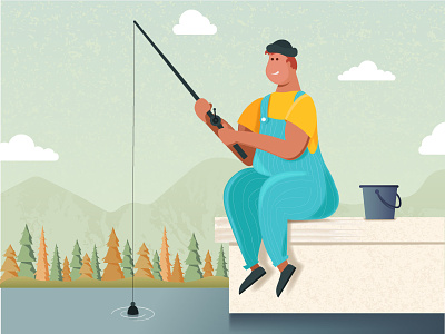Sitting on the edge of the lake and fishing art character design fish fishing illustration vector
