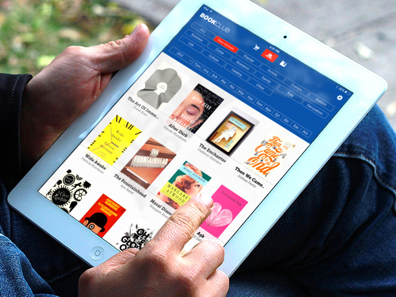 BookClub iPad App ipad book shelf flat design blue flat