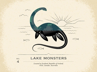 Lake Monsters bone cloud creature cryptid design dinosaur fish illustration lake monster myth ocean set skeleton sun swim texture water wave world