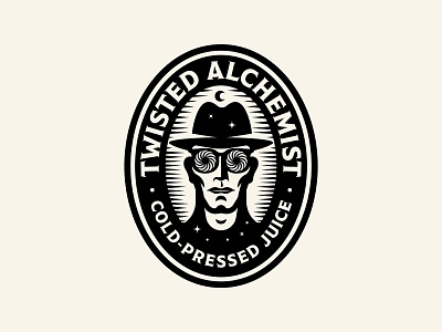 Twisted Alchemist badge beverage brand character eye figure glasses identity illustration juice logo moon portrait star swirl twist