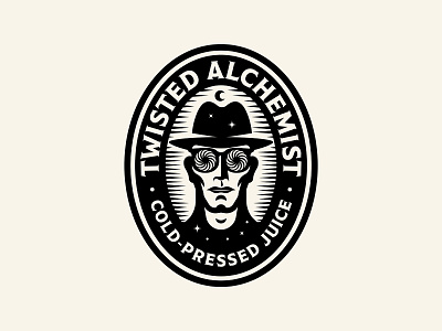 Twisted Alchemist badge beverage brand character eye figure glasses identity illustration juice logo moon portrait star swirl twist