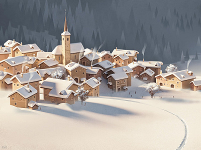 Grisons 3d alps christmas graphic illustration landscape mountain snow switzerland village winter