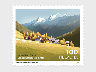 Swiss Post stamp - Landschaftspark Binntal graphic illustration landscape mountains nature stamp switzerland vector village