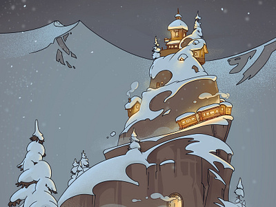 Holiday card christmas illustration mountain snow train trees