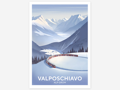Valposchiavo - Alp Grüm alps drawing graphic illustration landscape mountains poster poster art poster design switzerland vintage winter