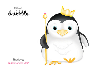 Hello Dribbble bird character cute debuts dribbble happy hello illustration kidsillustration king penguin rich