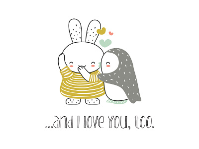 St. Valentine's day bunny character doodle hearts illustration kids love lovers penguin rabbbit st valentines day