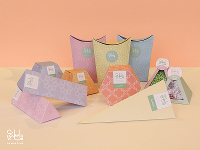 Damascene arabesque boxes branding candy creative design logo online packaging pastel pattern sweets