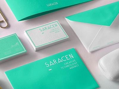 Saracen business card creative design identity minimal modern neon stationary typography website