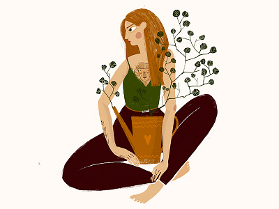 woman with a pot flowers illustration pot