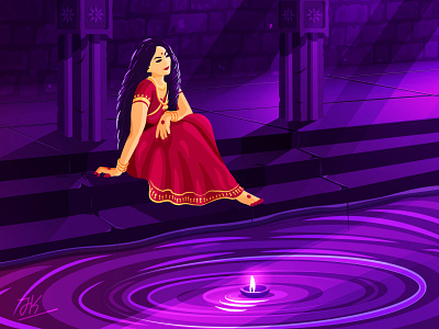 Twilight art character design illustration indian light night stories temple traditional vector women