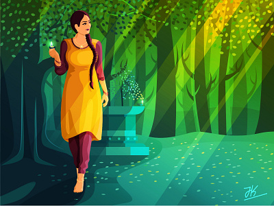 Twilight art character churi culture design forest girl illustration indian night tree vector woman
