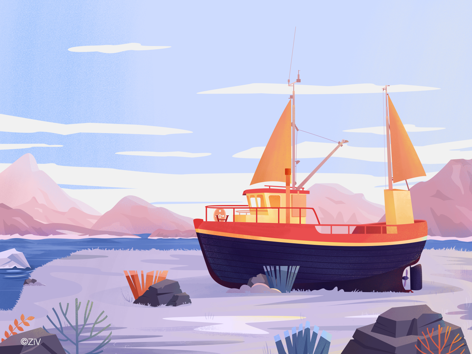 Ship on the glacier by YIVIVI on Dribbble