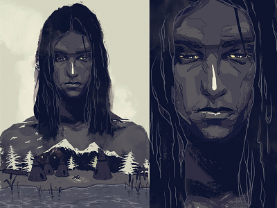 Sad indian over a tribe valley, graphic illustration for a book