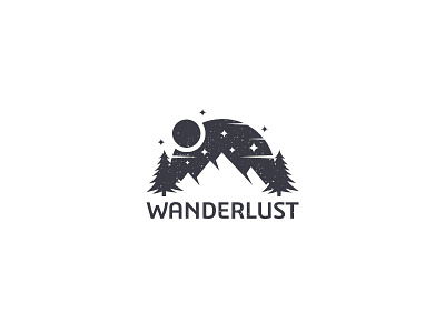 Wanderlust Mountains at night logo design blackandwhite creative flat forest logo logodesign modern moon moonlight mountain mountain logo night peek rustic stars top tree