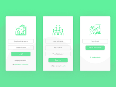 Login, Sign Up and Reset Password app design flat typography ui ux vector