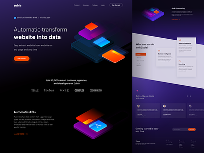 Zubia Landing Page analytics api artificial intelligence data design extract header illustration interace landing page onboarding ui web website