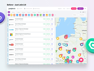 Jobboard redesign Justjoin.it 3.0 before after job board job listing map programming search bar ui ux web app web application