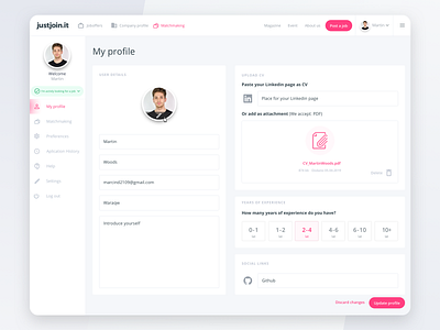 User profile dashboard