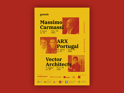 Genesis Lectures 2019 Main Poster architecture bold conference halftone lecture monocrome pisa red typography yellow