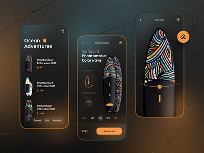 Surfboards App Concept app application concept dark design ecommerce layout mobile serfboards shop surf ui uiux ux