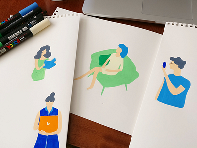 Characters illustrations book character characters design device drawing illustration laptop phone posca