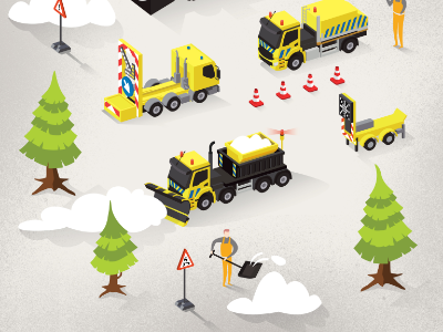 Infographic Snow Cleaning Service 3dcars christmas goverment infographic isometric pinetrees roads roadwork snow snowplow truck winter