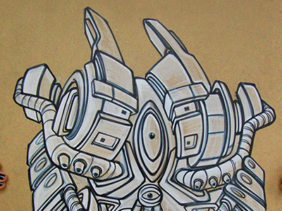 Mecha Organix drawing ink and marker on wood painting