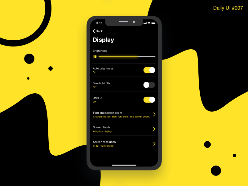 Settings Design - #007 interactive interaction workflow prototype app interface inspiration flat design daily ui black yellow