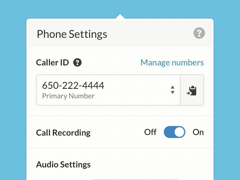 Phone Settings Popover app calling closeio crm feature ia lato macos saas ui ux