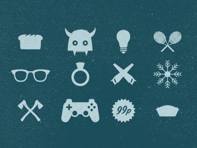 Icons for the plaques axe bread bulb controller glasses iconography illustration light monster pie racket ring saw snow tennis
