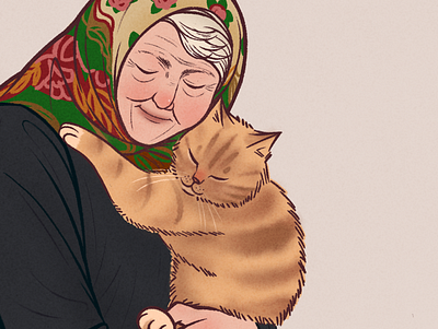 Elderly Lady And Cat animal branding illustration