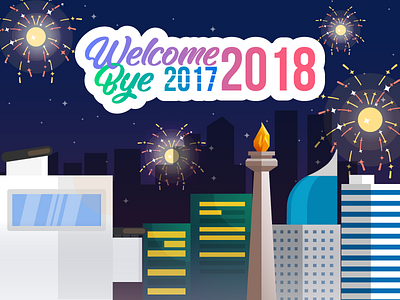 Happy New Year 2018 2018 adobe city design firework flat design illustrator jakarta new year night sky sky view