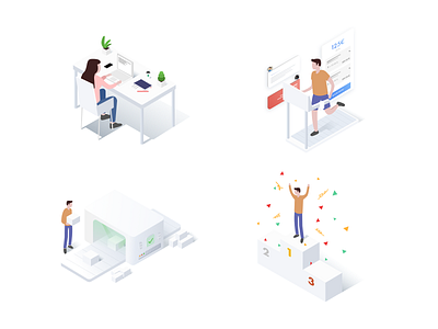 Marketplace illustration set 3d data design desk factory gradient illustration iso isometric marketplace people running vector