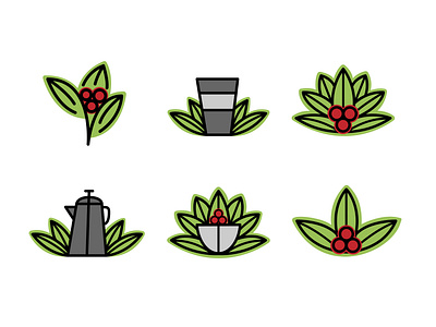 Rococo Coffee Branding - Icons berries branding coffee coffee cup frenchpress green icons iconset leaves monoline red