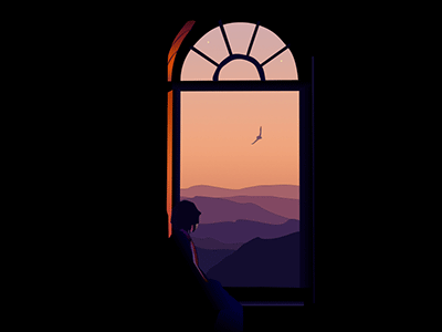 Windows 2d animation bird girl illustration illustrator landscape mountain photoshop stars sunset window