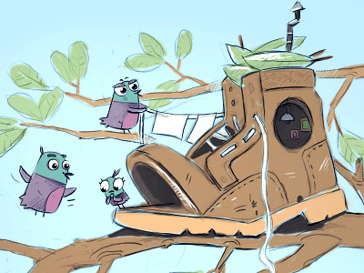Little Koel bird family illustration ooops shoe sketch tree
