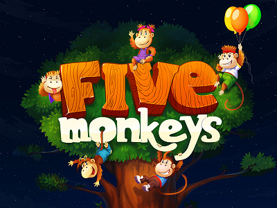 Five Monkeys. Title Screen character illustration ipad iphone monkey ooops story title tree