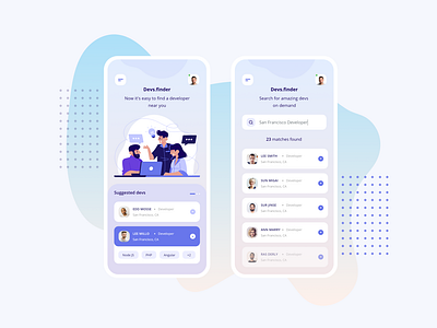 Devs Finder - Mobile App Design adobe xd app clean ui dayliui design devs finder find app flat illustration mobile app design mobile ui search app ui ui design