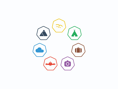 Small icons... aerodrome aircraft airplane birds camera camping icons logo mountains plane suitcase tent