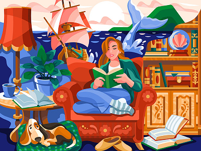 Book world 4 book dog happy illustration information library reading relax ship