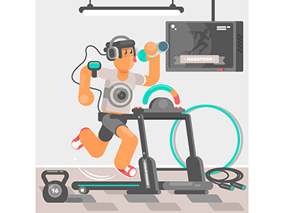 Man listening to music while running on treadmill athlete cartoon character health man music physical runner sport treadmill