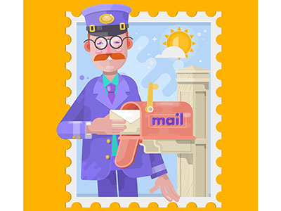 Postman In Purple Uniform Delivering Mail.