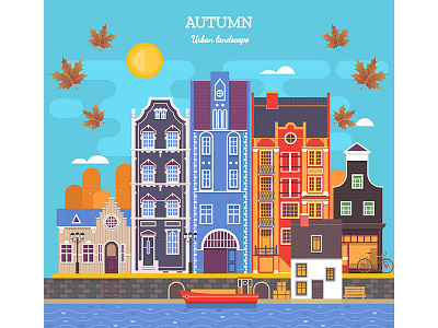 Autumn cityscape with deciduous leaves